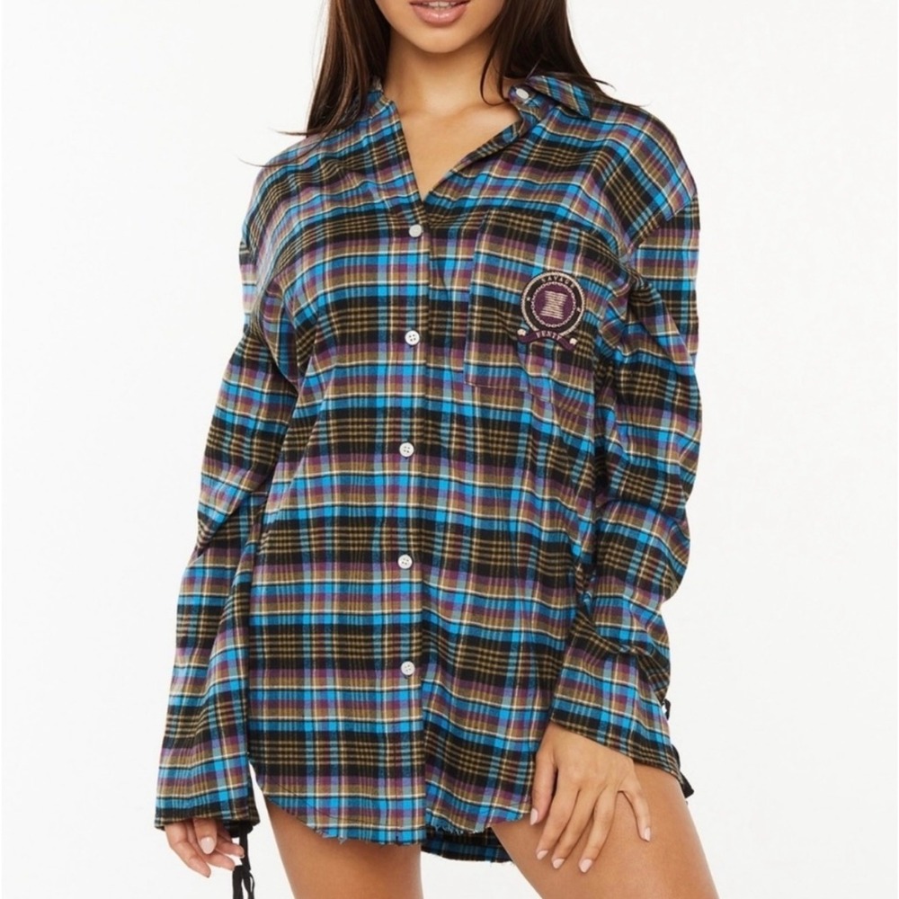 Savage Fenty Plaid Long Sleeve Button Down Shirt Top Womens
